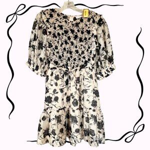 🖤NWT Large Vestique Black & Ivory Smocked Floral Dress w/Puff Sleeves